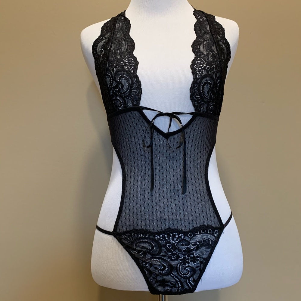 VS Vintage Deep Plunge black lace open back halter teddy
